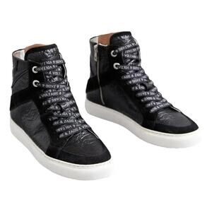Zadig & Voltaire High Lash Crinkled-Finish Leather Sneakers - 37 Black